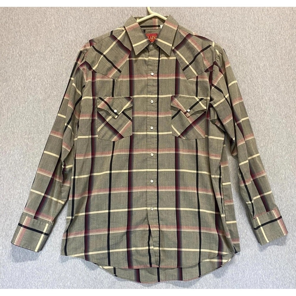 Vintage Ely Plains Western Shirt Mens Medium Brown Multi Windowpane Pearl Snap